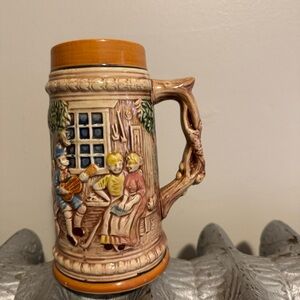 Vintage German Beer‎ Stein Tavern Scene Relief Ceramic Mug 7" Rustic Handle